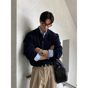 Solid Color Lapel Knitted Sweater Cardigan Jacket Men's Autumn Sweater Korean Fashionable Casual Casual Style Top