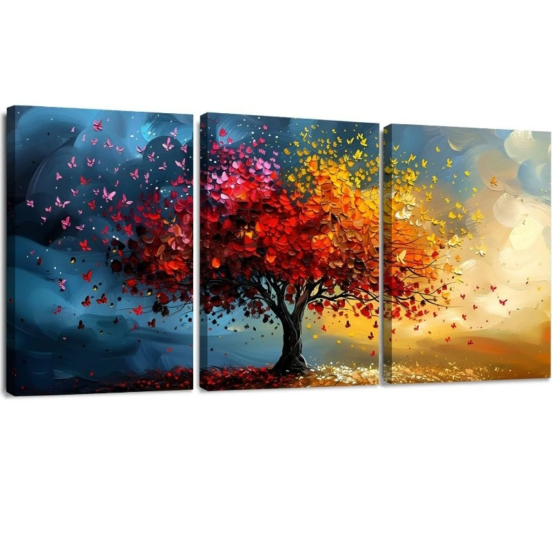 3 картины на холсте с абстрактным изображением дерева, минималистичные декоративные геометрические линии, листья, эстетичные настенные картины