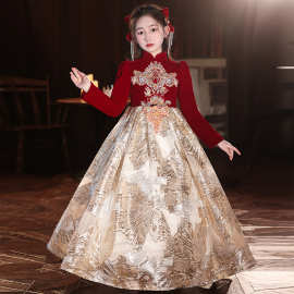 新中式儿童礼服2026新款酒红色丝绒长袖拜年服女童钢琴演出服厂家