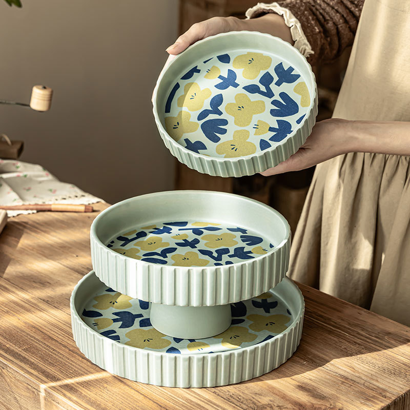 Plato de frutas de cerámica para el hogar, bandeja de año nuevo, plato alto, plato de almacenamiento de bocadillos de frutas retro de alto valor, decoración de té de sala de estar