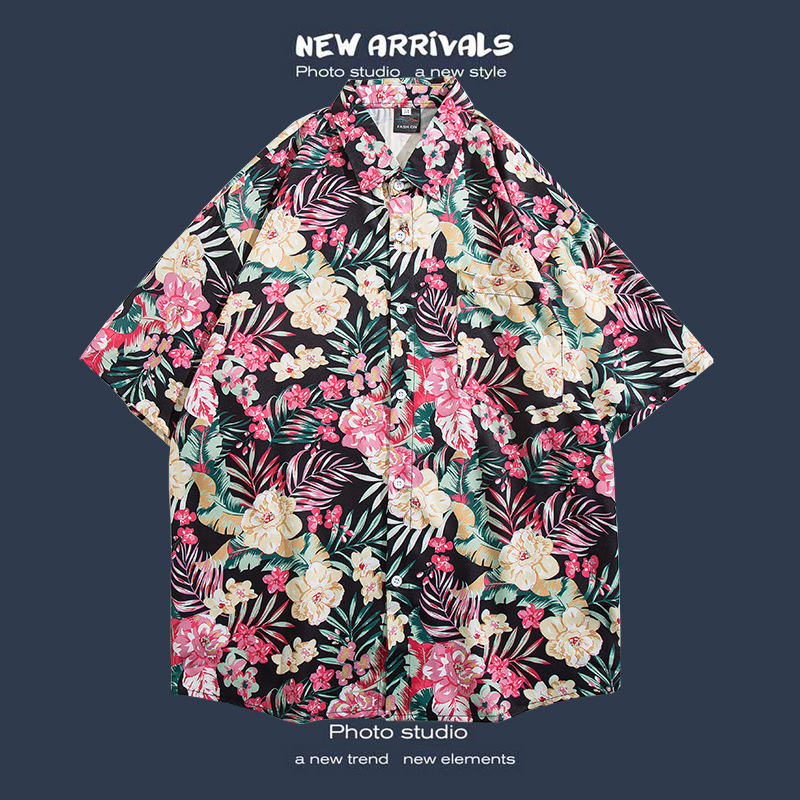 Camisa floral de manga corta Estilo de Hong Kong estilo retro de vetiver Estilo coreano moda guapo camisa de hombres y mujeres de moda y top de hadas