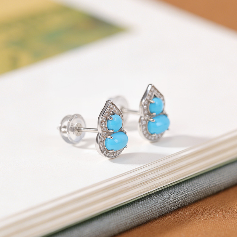 Bông tai bạc S925 đính đá turquoise hình hồ lô phong thủy may mắn — Cặp đôi