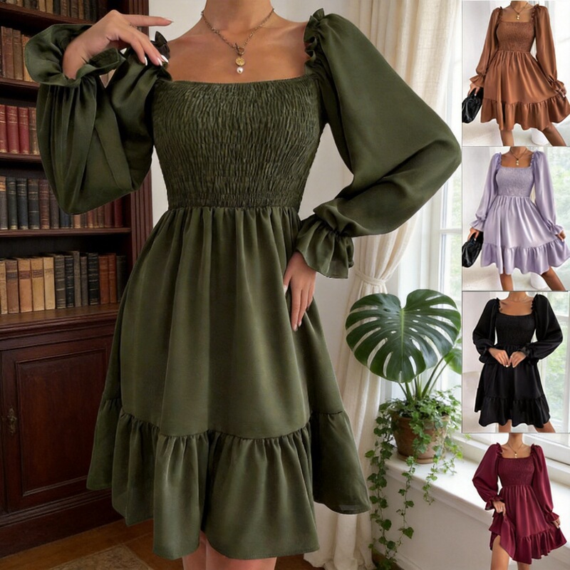 2025Temu European and American Style Simple Square-Neck Dress with Parallel Pleats and Ruffled Hem