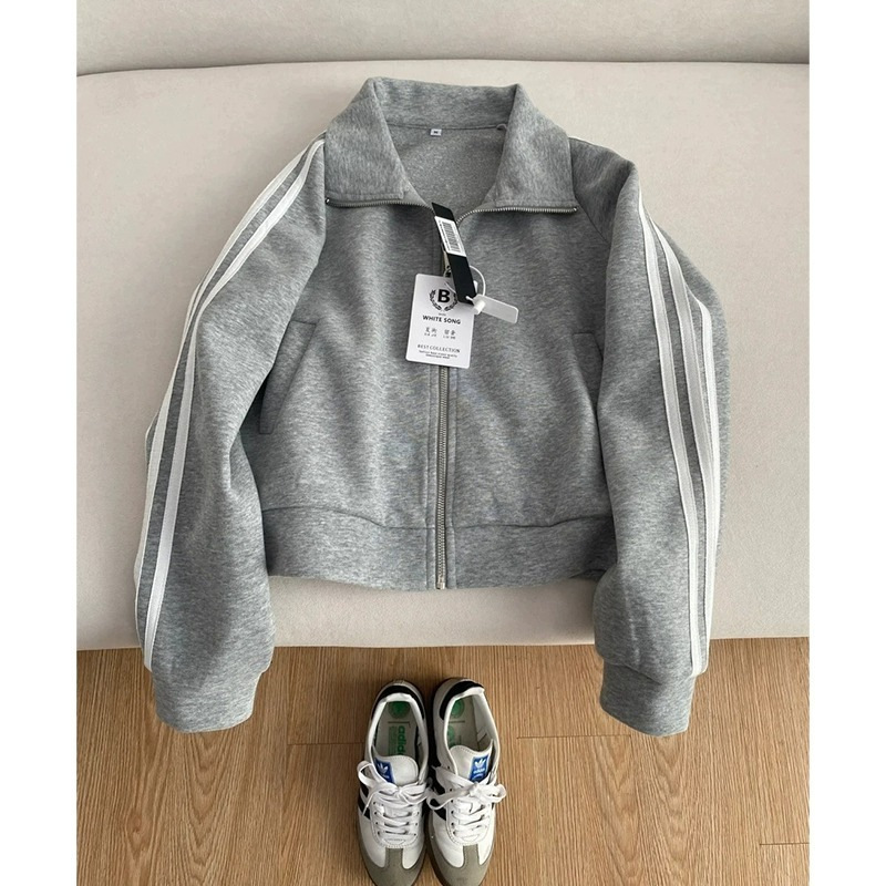 山东即墨卫衣藏青色两条杠女立领上衣复古棒球服秋夹克显瘦外套|undefined