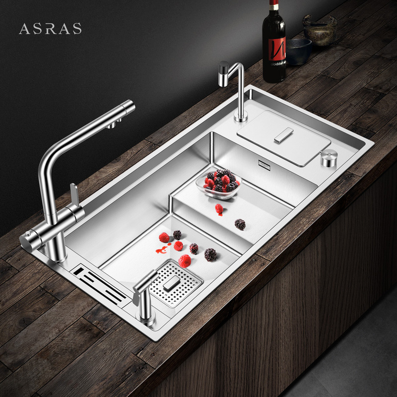ASAS multi-functional handmade sink thickened stainless steel large single-slot ladder sink high and low basin with trash can ASAS multi-functional handmade sink thickened stainless steel large single-slot ladder sink high and low basin with trash can