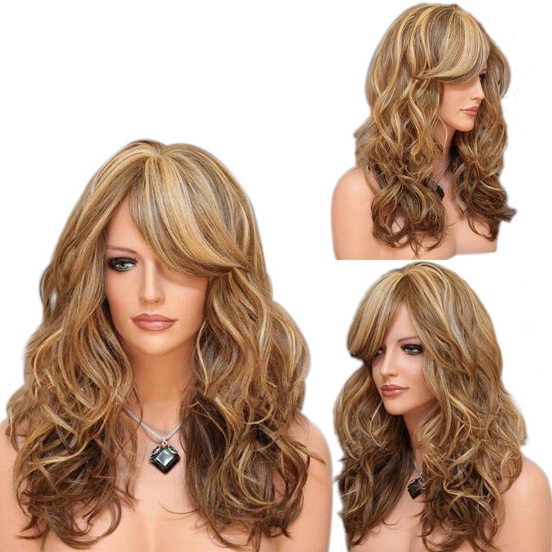 Wish For Women Mixed Gold Medium Long Curly Hair With Side Bangs Synthetic Wig High Temperature Fiber_voghion.com