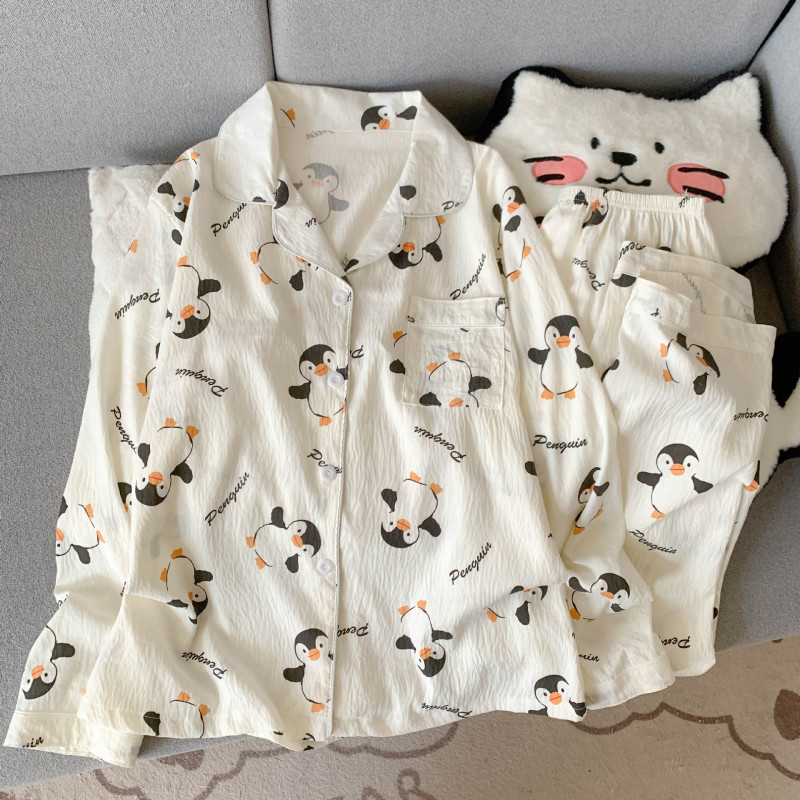 工厂直销云朵棉新款睡衣女长袖长裤开衫翻领卡通大码家居服套装|undefined
