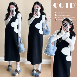 Real shot in stock ~ 2024 autumn and winter pregnant women suit fashion loose thick sweater vest skirt turtle neck sweater base
