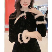 新中式小众设计感旗袍式内搭上衣女秋冬复古国风毛毛拼接黑色外套
