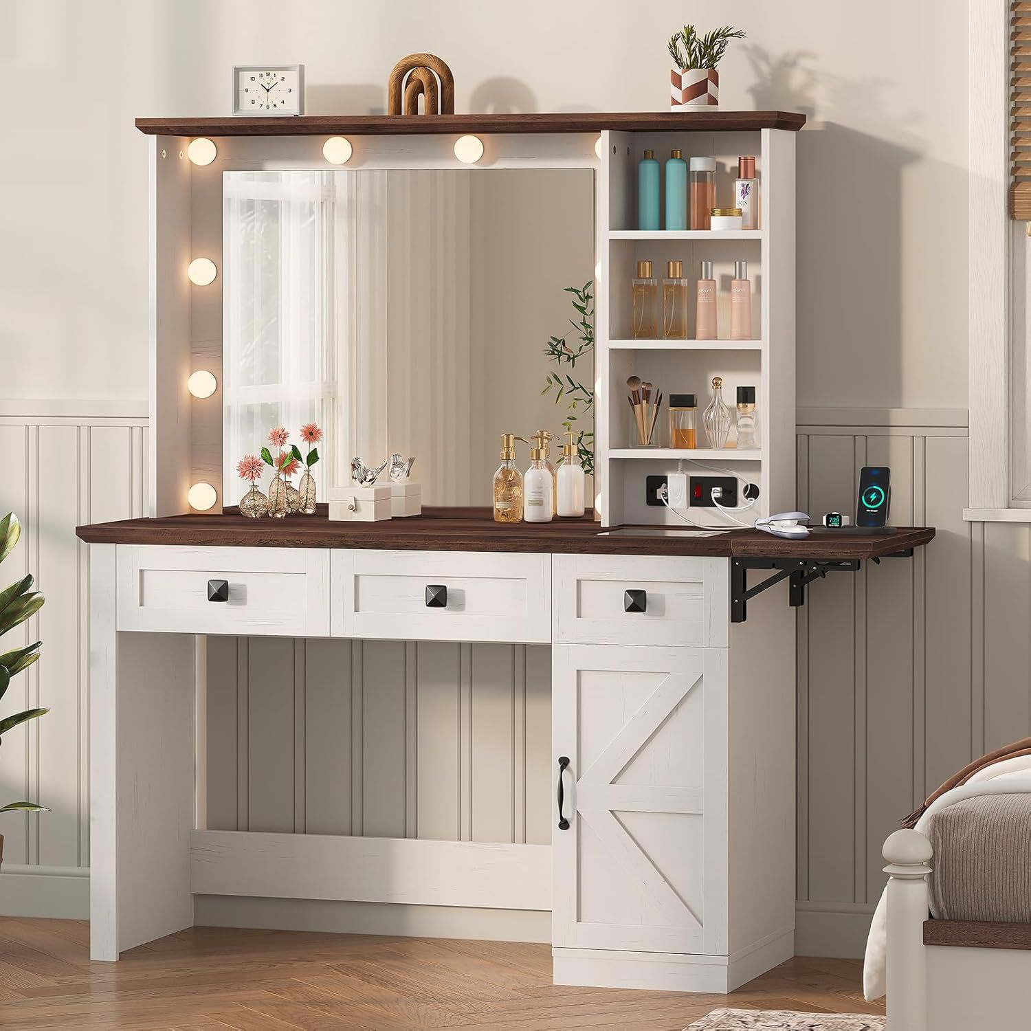 跨境亚马逊拼框梳妆台带灯镜子电源插座欧美式化妆桌抽屉储物卧室