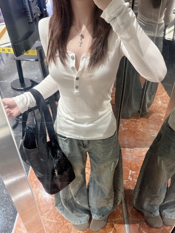 美式辣妹白色半开领长袖t恤女早秋季单穿薄款巨好看打底衫上衣潮|undefined