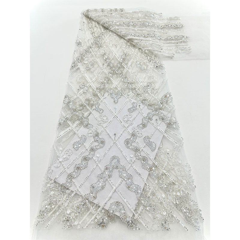 Blanco vestido francés simétrico tela bordada de perlas tela de encaje bordada de perlas tela de malla sequinada tela de boda