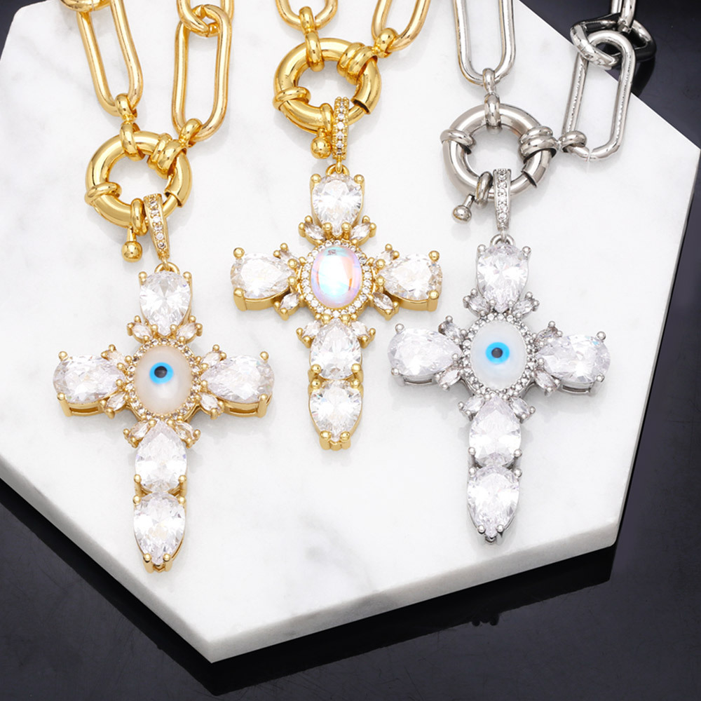 Hip Hop Eye Cross Pendant Thick Chain Copper 18K Gold-plated Inlaid Zircon Necklace