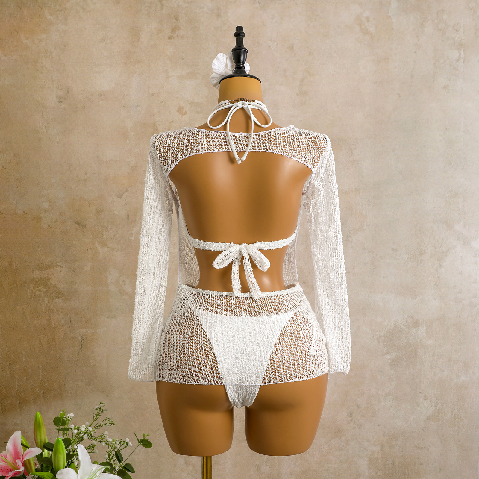 Women's Three Piece Sequin Mesh Swimsuit With Long Sleeves_voghion.com