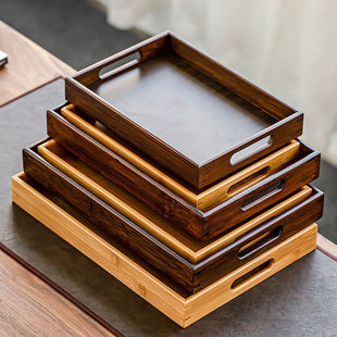High-End Tray Bamboo Wooden Rectangular Household Tea Cup Tray Coffee Cup Utensil Dinner Plate Hotel Storage Tray
