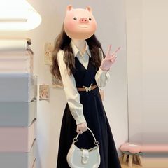 秋季新款学院气质长袖衬衫假两件今年流行连衣裙韩版中长款减龄