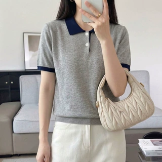 简约百搭~夏季纯棉线针织短袖女拼色Polo领T恤衫半袖气质休闲打底
