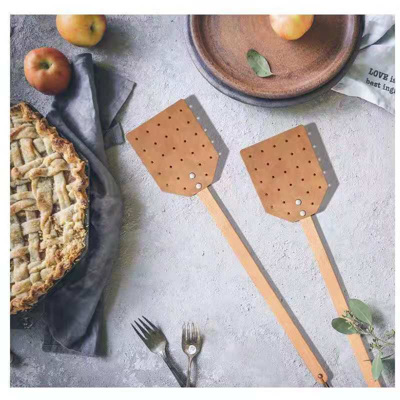 Creative DIY leather fly swatter wooden handle mesh anti-mosquito PU leather swatter manual fly swatter mosquito swatter