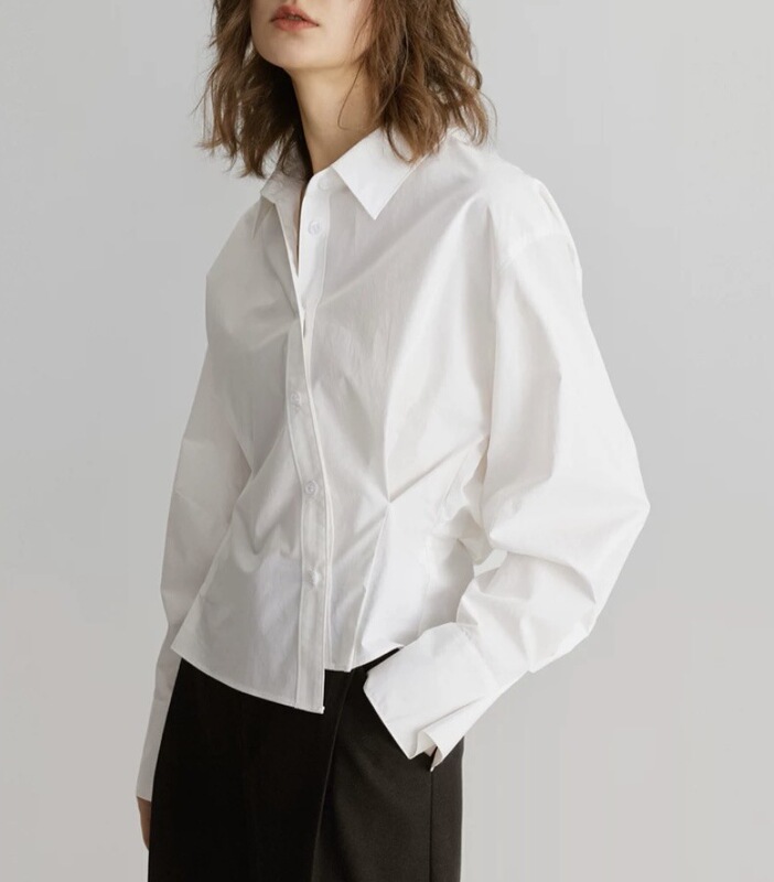ELLE白色设计感褶皱短款衬衫女2025秋季新款独特别致宽松打底上衣|undefined
