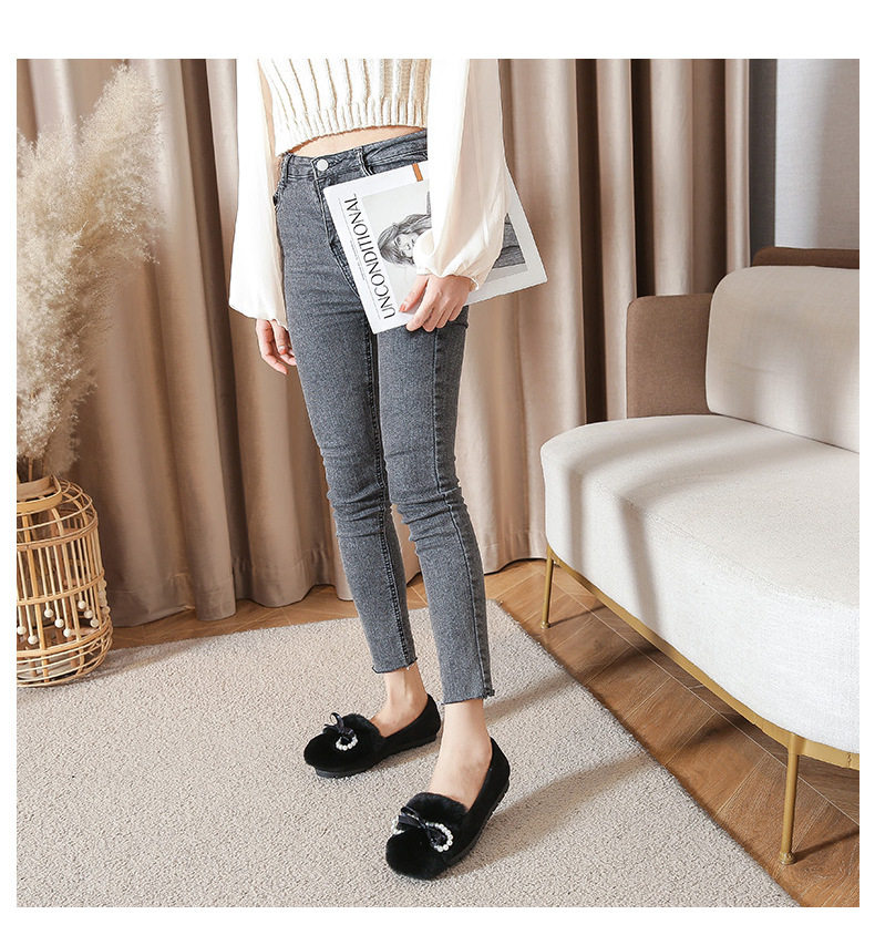 Giày bông nữ cổ thấp gót bằng có nơ, lót lông nhân tạo giữ ấm — Màu xám, Màu đen chi tiết 14