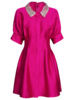 Zhili Dingdiamond Doll Neck Dress Rose Red High end Exquisite Raglan Sleeves A-line Dress Small stature 2024 Summer