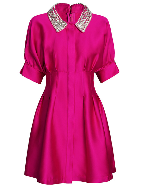 Zhili Dingdiamond Doll Neck Dress Rose Red High end Exquisite Raglan Sleeves A-line Dress Small stature 2024 Summer