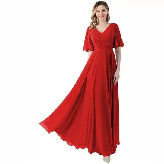 2026 Cross-Border Spring New Style Women's V-Neck Bridesmaid Dress Long-Sleeve Ruffled Chiffon Party Host Banquet Dress