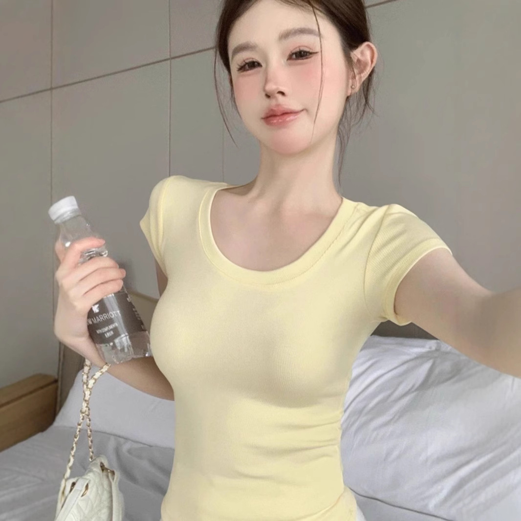 短款方领短袖螺纹潮T恤女生短袖高腰打底衫纯色修身显瘦洋气上衣