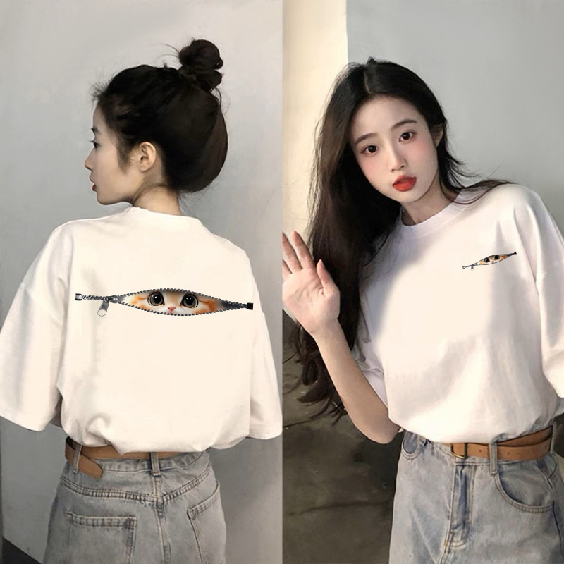 女性のためのルーズブラックコットン半袖Tシャツ2025新しい夏のデザインニッチトップルーズ大きいサイズ|undefined