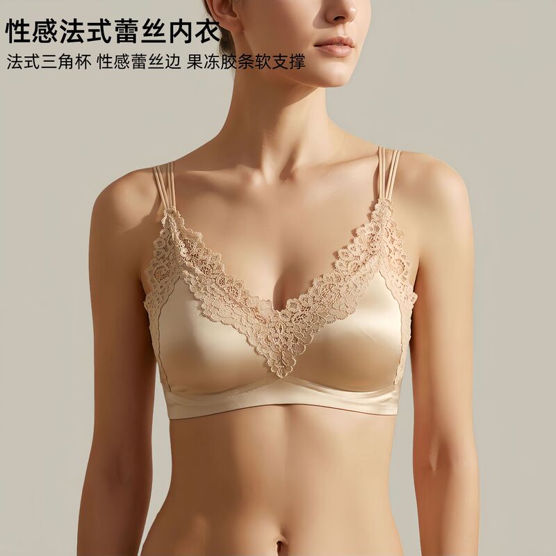 Popular Sexy Satin French Lace V-Neck Triangle Cup Bra for Small Busts, Wireless Push-Up Lingerie for Women, Factory Direct