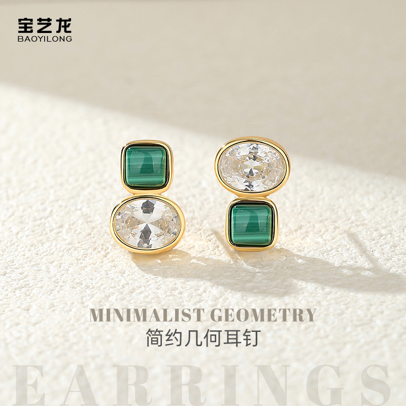 Geometric organic earrings malachite with zircon