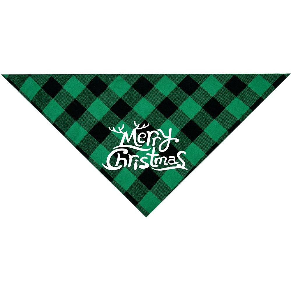 Nueva tela escocesa de algodón de doble capa transfronteriza Rojo Negro verde negro pequeño asta de Navidad Toalla de triángulo para mascotas Toalla de saliva para mascotas
