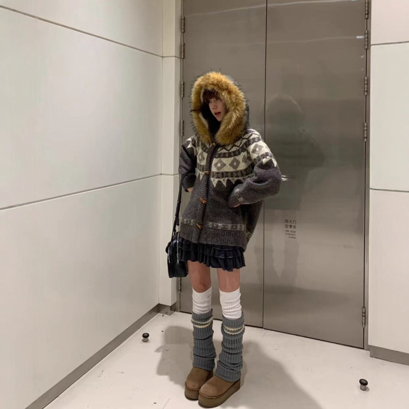 【大版】秋冬季加厚撞色费尔岛提花可拆卸毛领针织衫设计感毛衣外|undefined