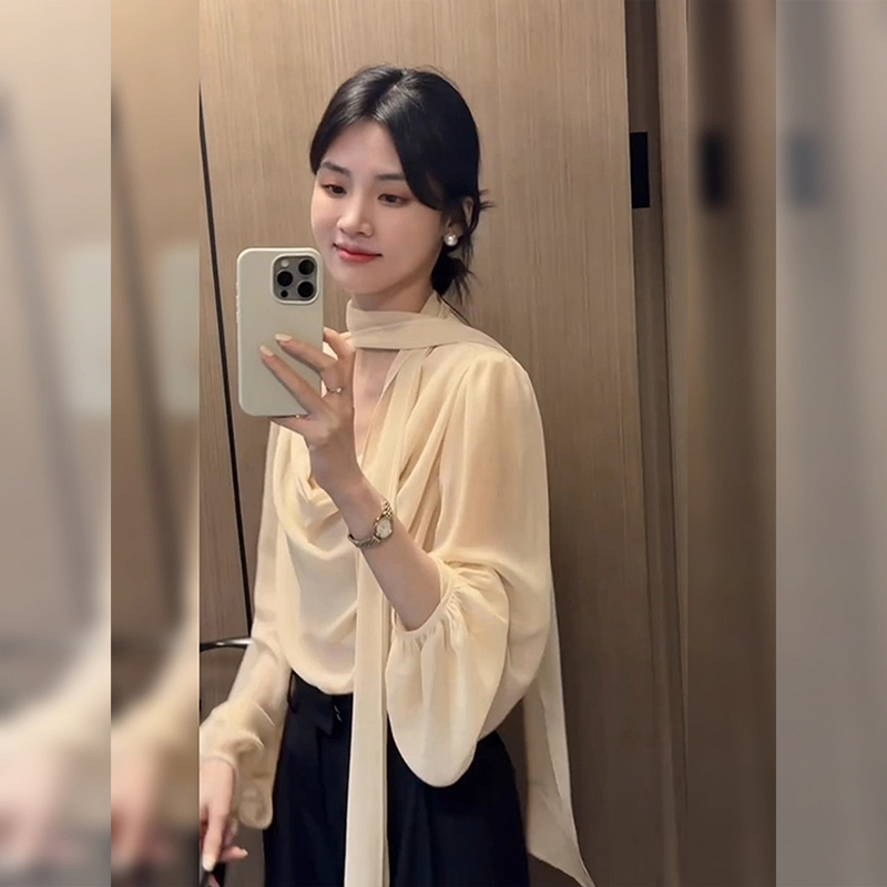 French-Style Tie Halter Neck Long-Sleeve Shirt for Women, Spring and Autumn Petite Design Shirt with Swung Collar, V-Neck Chiffon Blouse