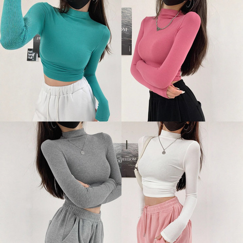 Pure Desire Sexy Fitted Slimming Design Ruched High Neck Short Sleeve Revealing Nipple Base Shirt Long Sleeve T-Shirt Top Summer