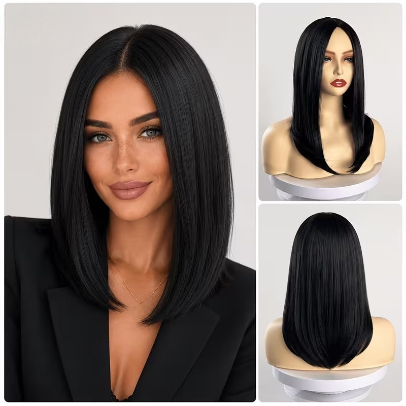 Cross-border 16inch black middle-parted long straight hair wig, smooth, with a clean cut at the ends, matte high-temperature fiber, breathable inner net Cross-border 16inch black middle-parted long straight hair wig, smooth, with a clean cut at the ends, matte high-temperature fiber, breathable inner net