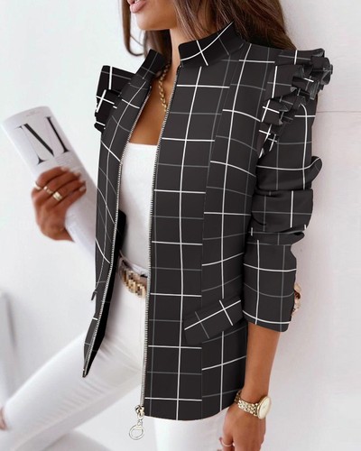 Women fashion long sleeves singers stage performance plaid blazers coats zipper jackets for office lady Women's printed suit jacket