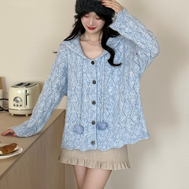 Artistic and Sweet Navy Collar Cut Out Knitwear 2025 Autumn and Winter New Korean Style Loose Casual Cardigan Knitwear for Women