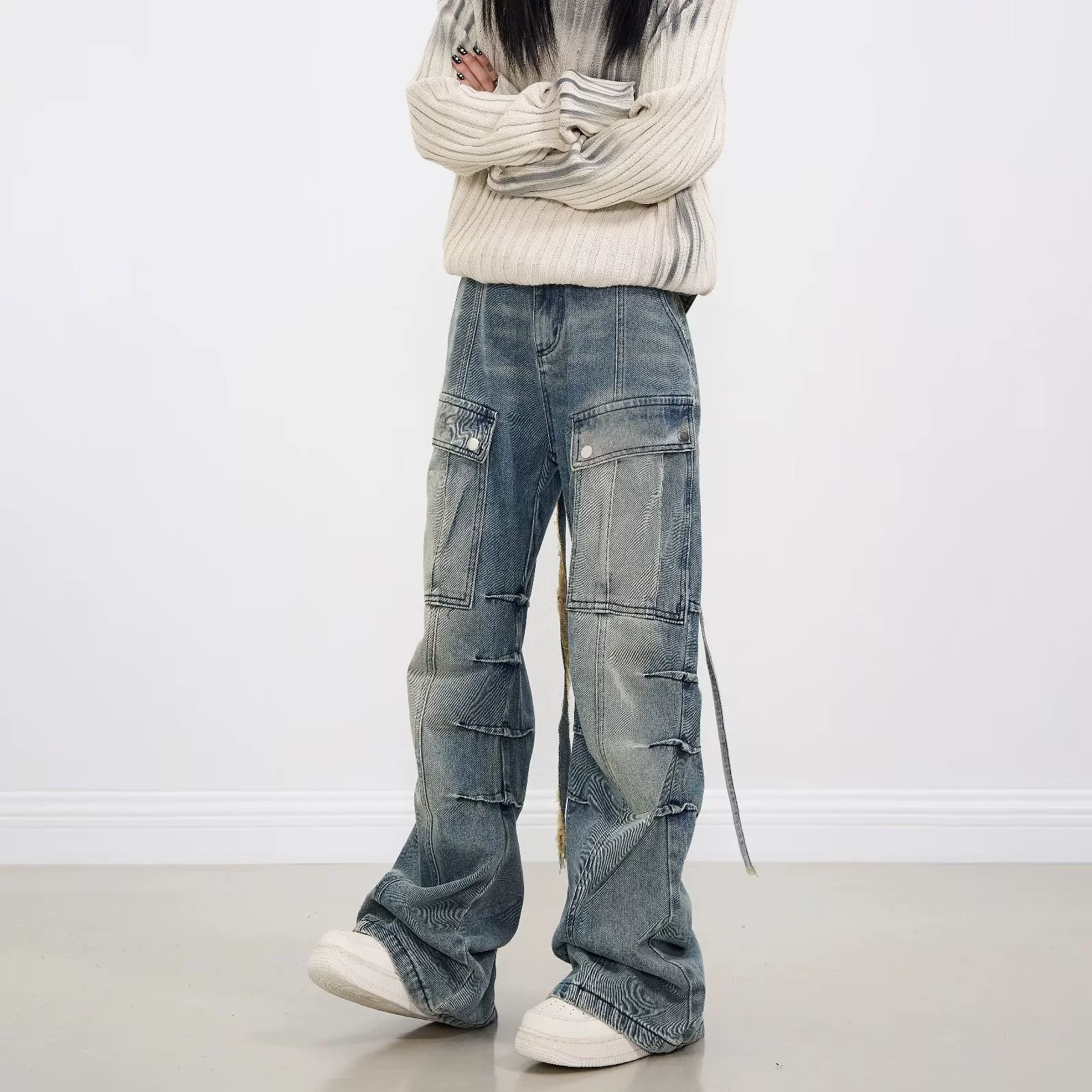 2023 тяжелый сшитый деконструировать джинсовые штаны для мужчин и женщин Rins прямые ножки ретро пустоши ветра брюки