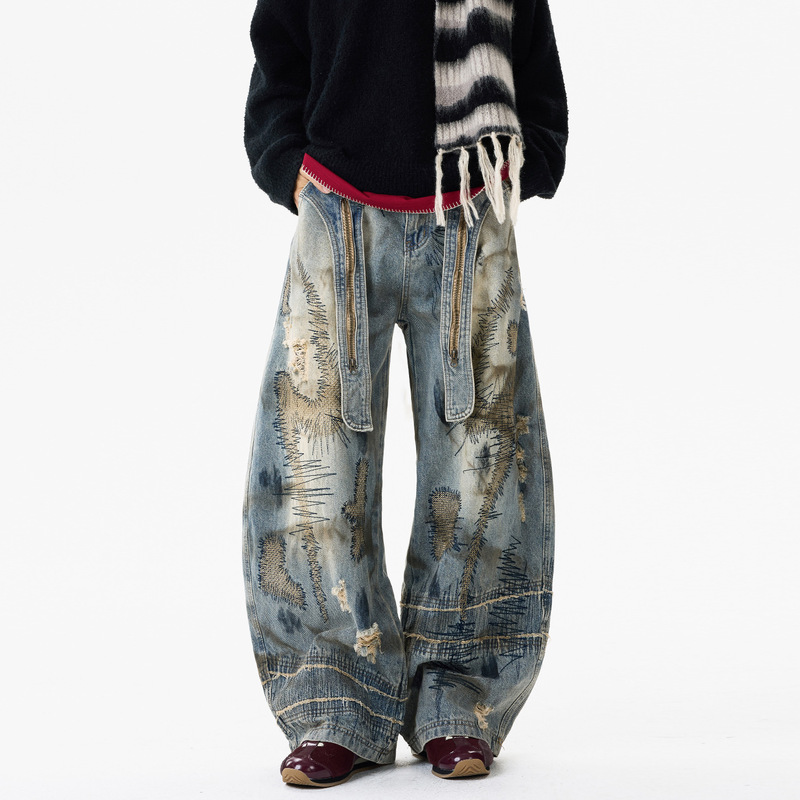 Hip-Hop Style Wasteland Denim Jeans for Men, Straight American-Style Pants, Vintage Washed and Distressed, Trendy Brand, Cool Wide-Leg Pants Hip-Hop Style Wasteland Denim Jeans for Men, Straight American-Style Pants, Vintage Washed and Distressed, Trendy Brand, Cool Wide-Leg Pants