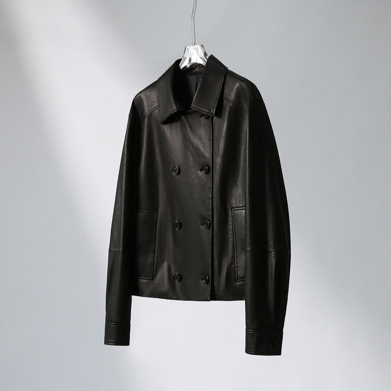 2025 Autumn and Winter New Products Vegetable Tanned Goatskin Short Windbreaker Leather Jacket Silhouette Double-Breasted Leather Jacket