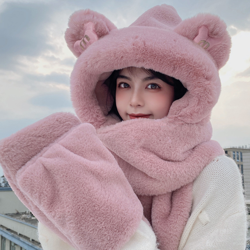 かわいい熊の帽子の子供の秋冬の3つのセットの保温のぬいぐるみの帽子のマフラーの手袋の3つのワンピースの帽子|undefined