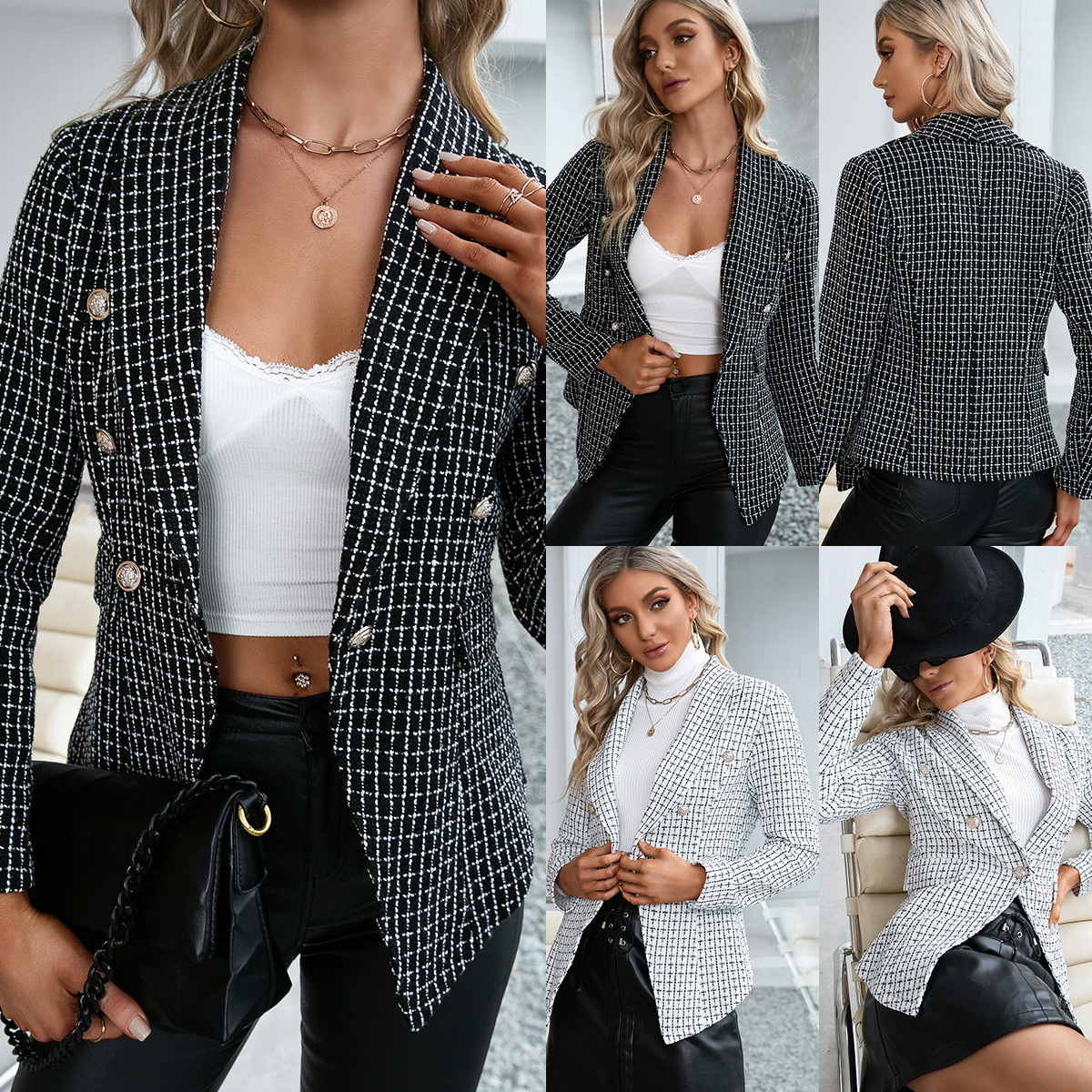 Foreign trade Amazon 2021 European station Plaid slim-fit suit double-breasted elegant commuter coat top for women