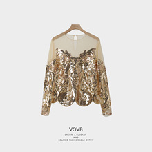 欧洲重工雪纺衫透视网纱长袖上衣衬衫设计感亮片圆领套头女装3032