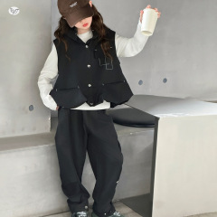 女童套装2025秋季新款打底衫工装马甲阔腿裤三件套中大童潮款秋装