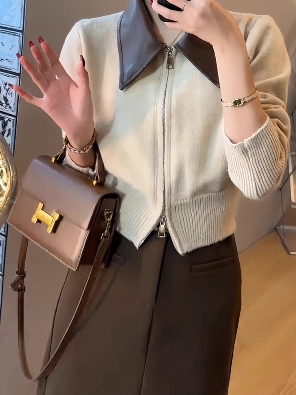 欧货小众拼皮双拉链翻领针织外套女秋冬时尚洋气短款软糯毛衣开衫|undefined