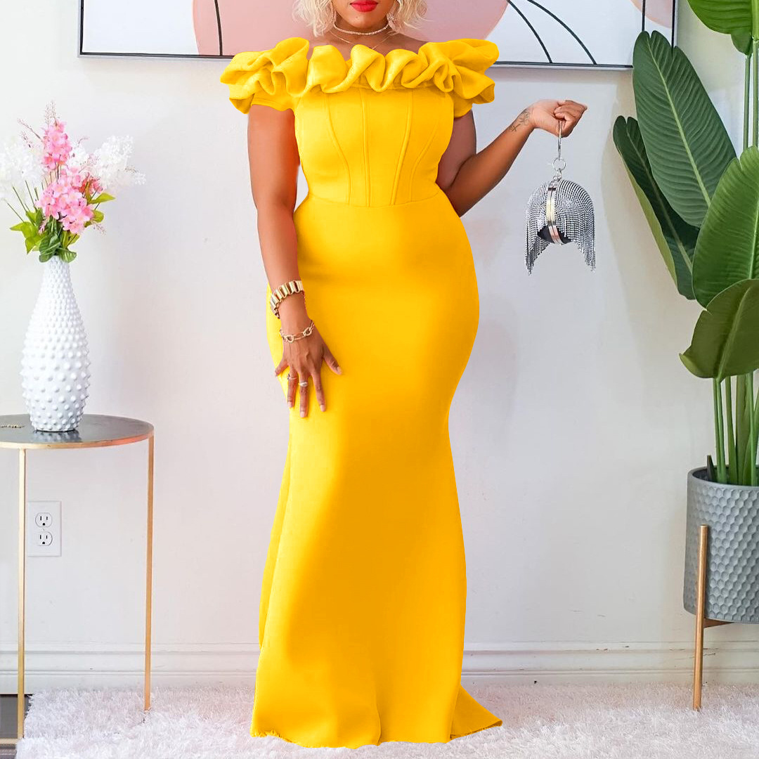 D3192 European and American Cross-border Women's 2023 New Solid Color Fishtail Skirt Ear Edge Slim-fit Evening Dress African Long Dress