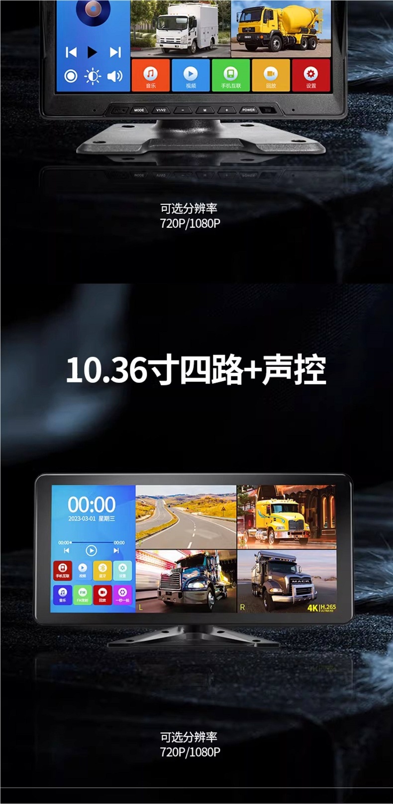 Truck reversing camera MP5 on-board display screen, two-channel or four-channel high-definition monitoring, 24V dashcam monitor