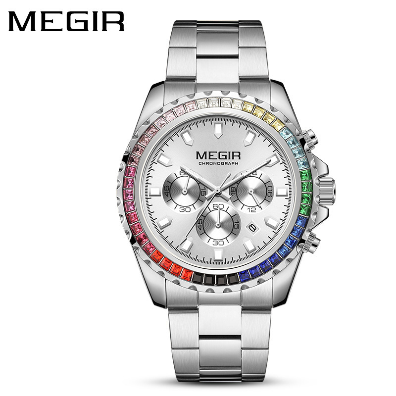 Orologio da uomo al quarzo con lunetta arcobaleno tempestata di diamanti, impermeabile e con calendario luminoso._voghion.com
