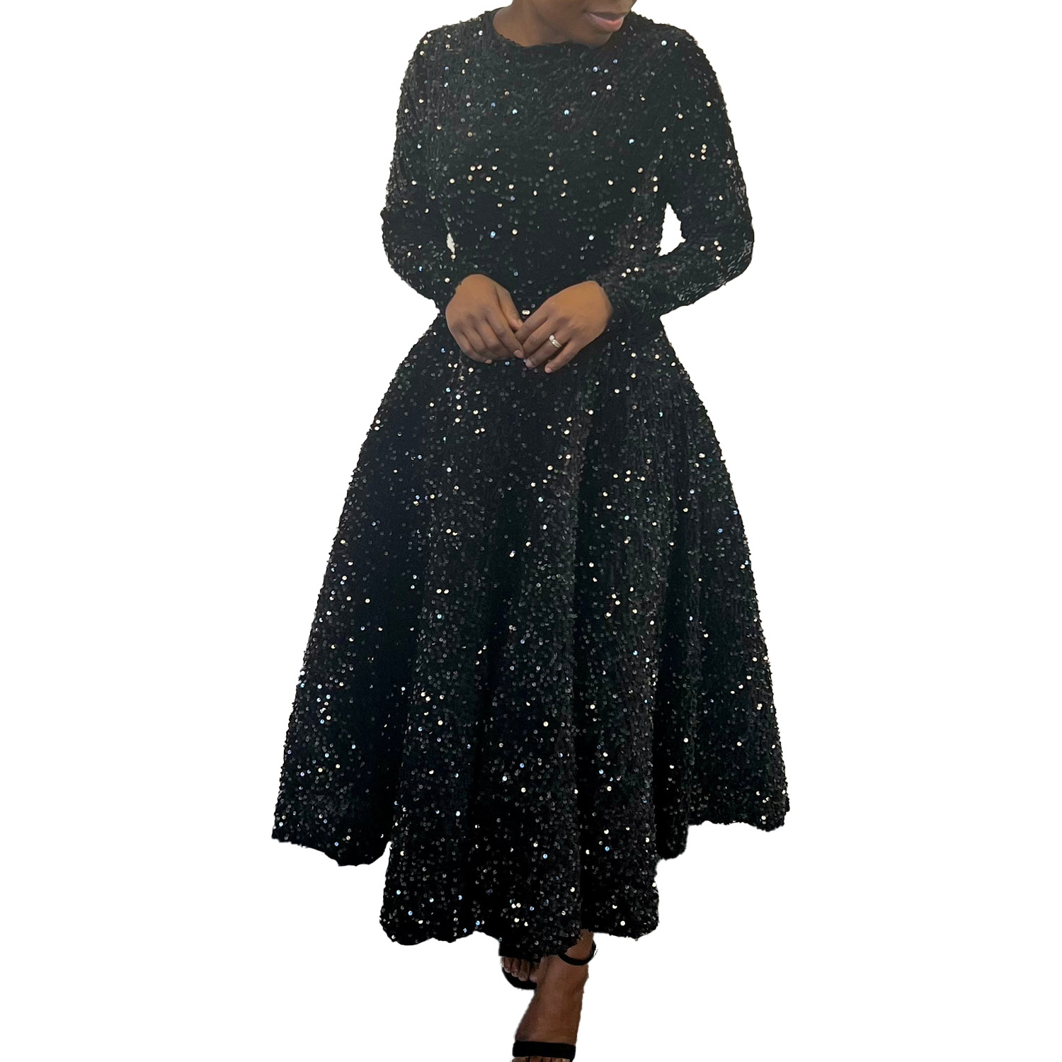 Women's Swing Dress Party Dress Elegant Classic Style Round Neck Sequins Long Sleeve Solid Color Midi Dress Banquet Evening Party display picture 20